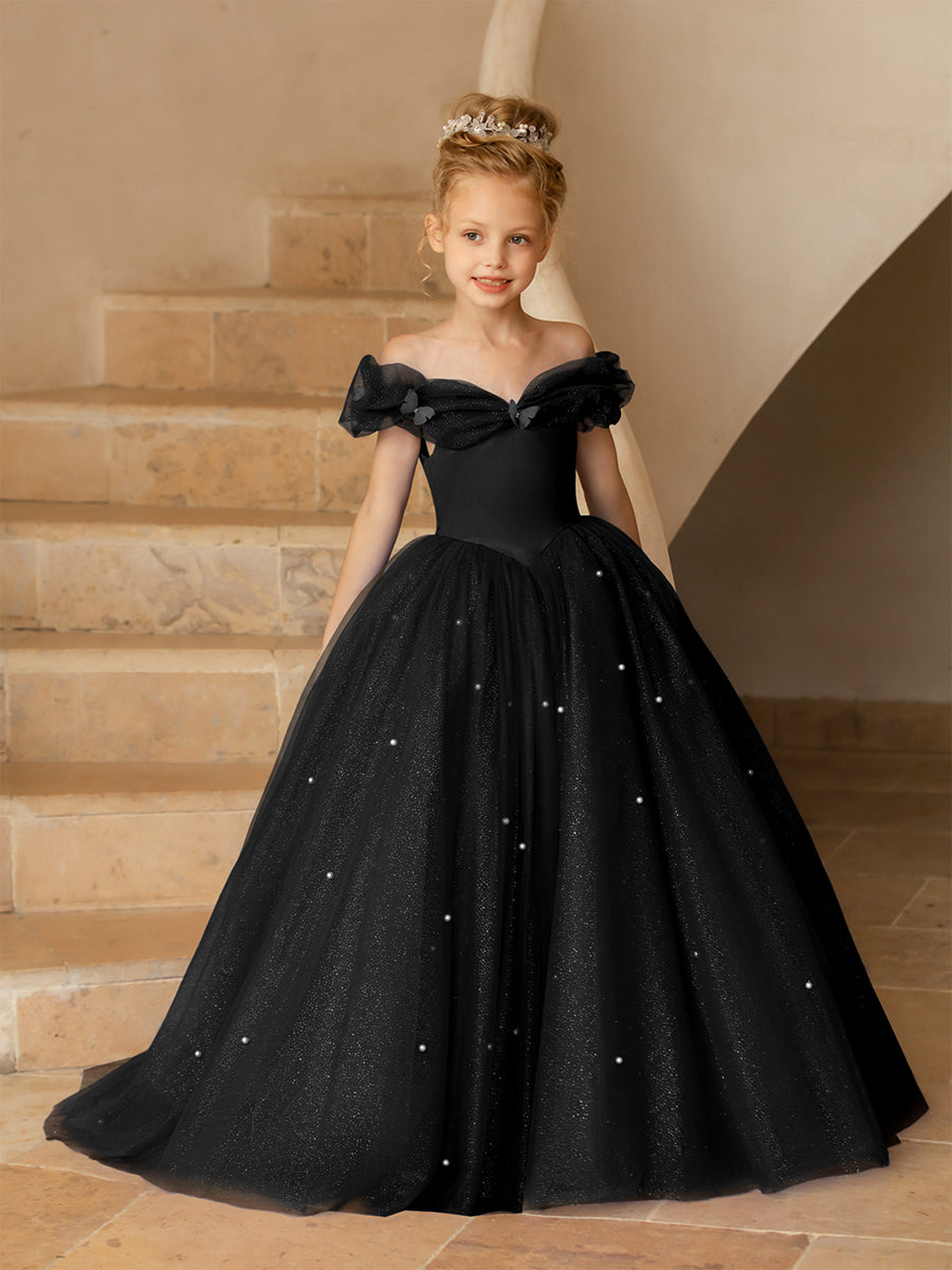 Off-the-Shoulder Tulle Flower Girl Dresses with Pearls