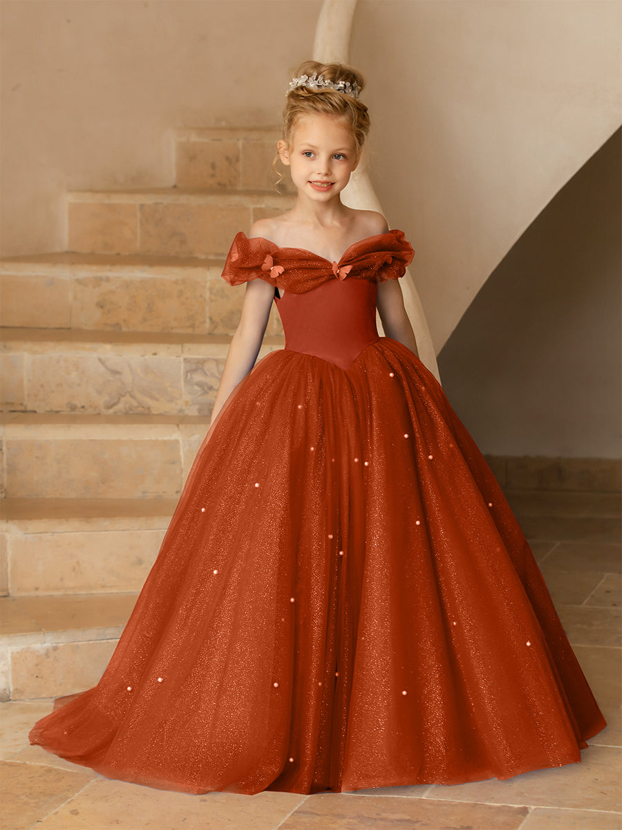 Off-the-Shoulder Tulle Flower Girl Dresses with Pearls