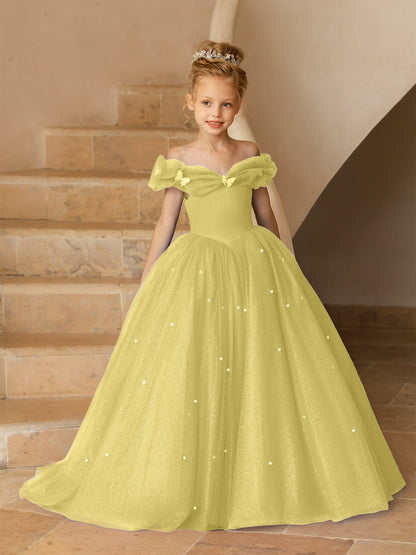 Off-the-Shoulder Tulle Flower Girl Dresses with Pearls