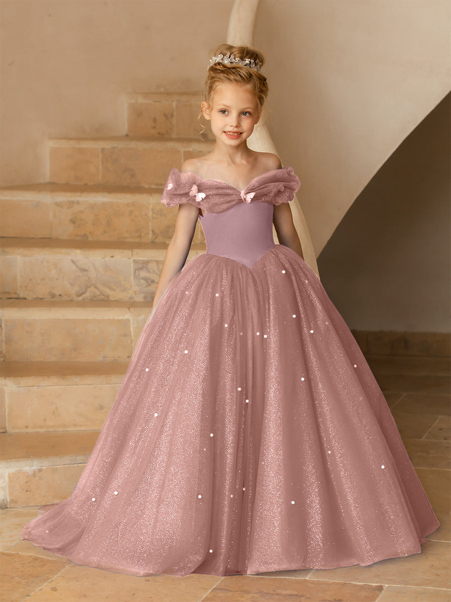 Off-the-Shoulder Tulle Flower Girl Dresses with Pearls