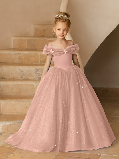 Off-the-Shoulder Tulle Flower Girl Dresses with Pearls