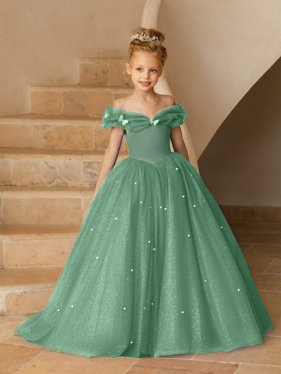 Off-the-Shoulder Tulle Flower Girl Dresses with Pearls