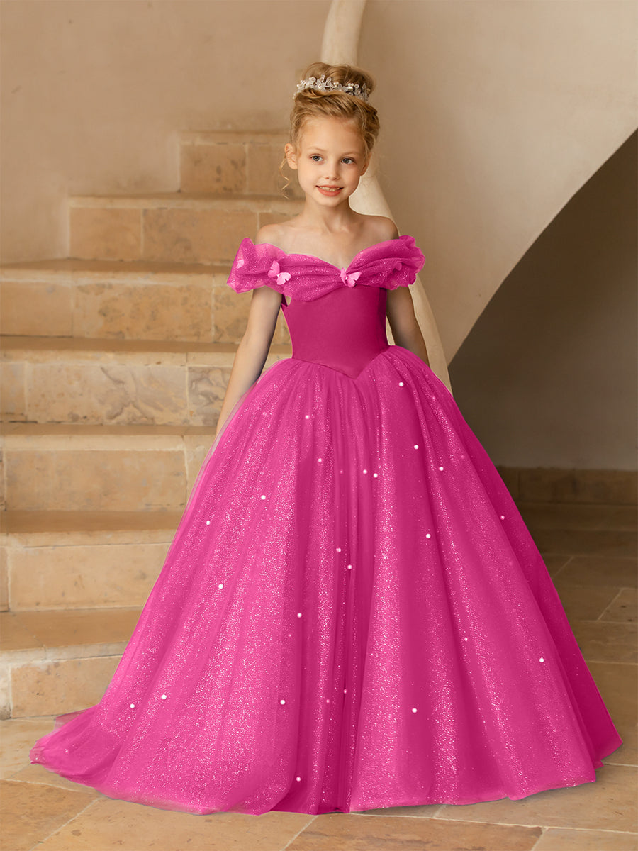 Off-the-Shoulder Tulle Flower Girl Dresses with Pearls