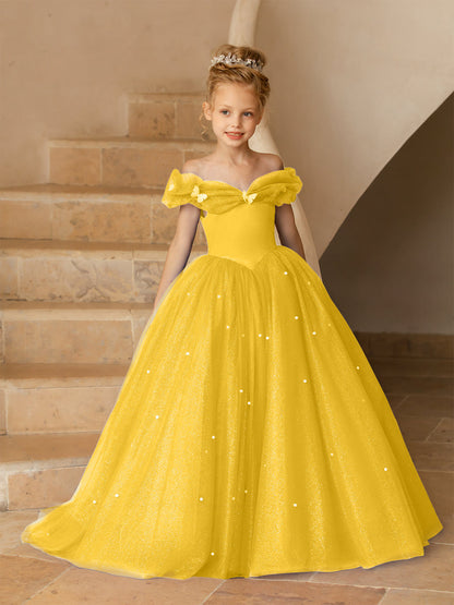 Off-the-Shoulder Tulle Flower Girl Dresses with Pearls