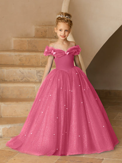 Off-the-Shoulder Tulle Flower Girl Dresses with Pearls