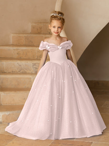 Off-the-Shoulder Tulle Flower Girl Dresses with Pearls