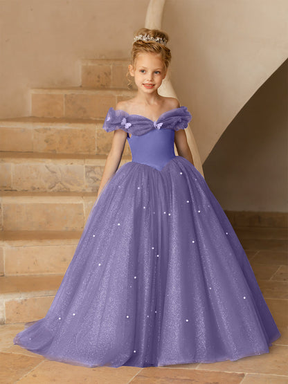 Off-the-Shoulder Tulle Flower Girl Dresses with Pearls