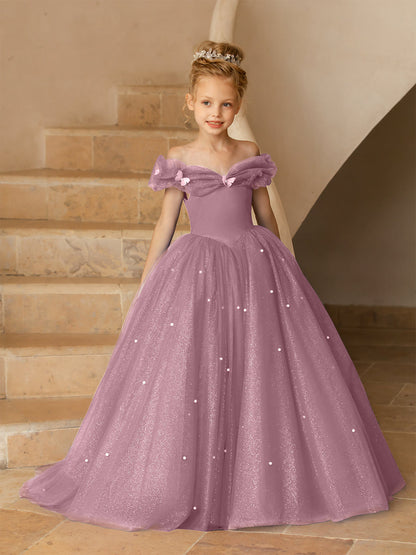 Off-the-Shoulder Tulle Flower Girl Dresses with Pearls