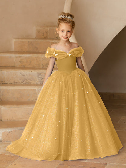 Off-the-Shoulder Tulle Flower Girl Dresses with Pearls