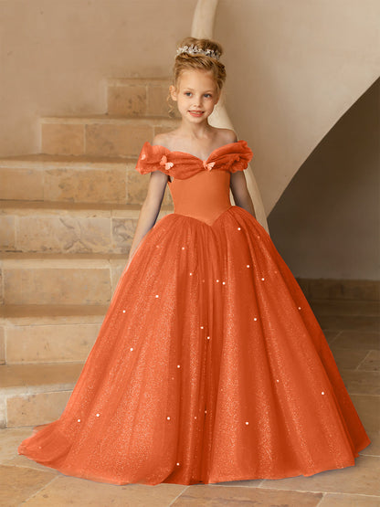 Off-the-Shoulder Tulle Flower Girl Dresses with Pearls