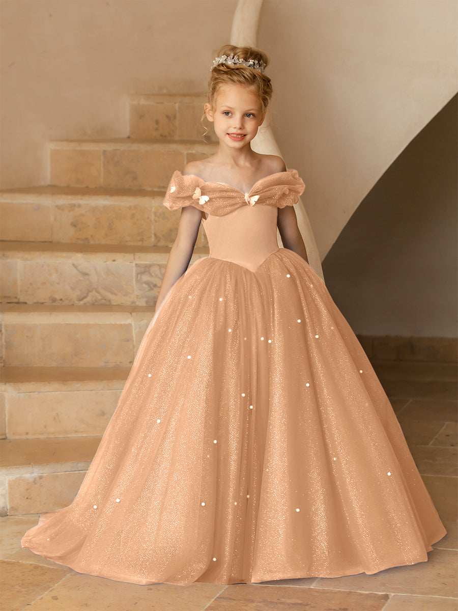 Off-the-Shoulder Tulle Flower Girl Dresses with Pearls