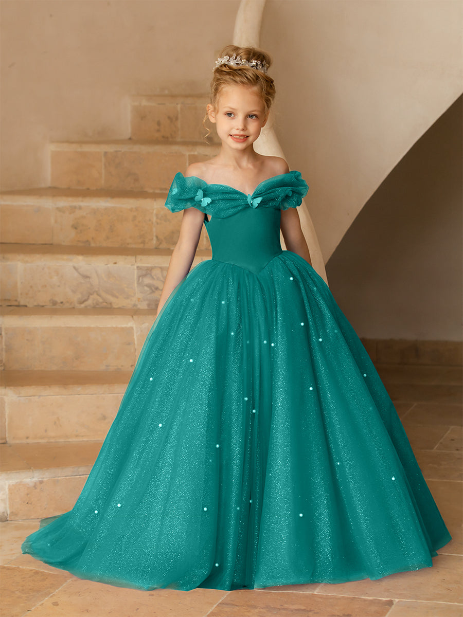 Off-the-Shoulder Tulle Flower Girl Dresses with Pearls