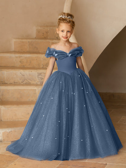 Off-the-Shoulder Tulle Flower Girl Dresses with Pearls