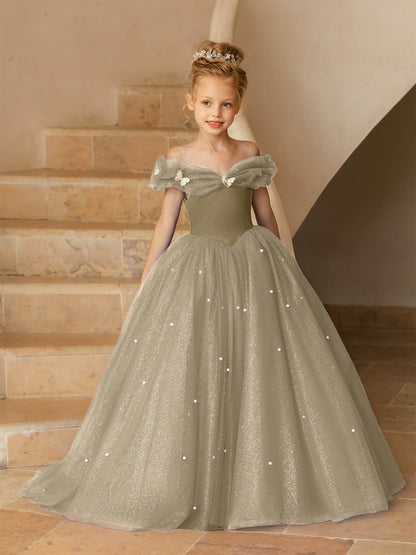 Off-the-Shoulder Tulle Flower Girl Dresses with Pearls