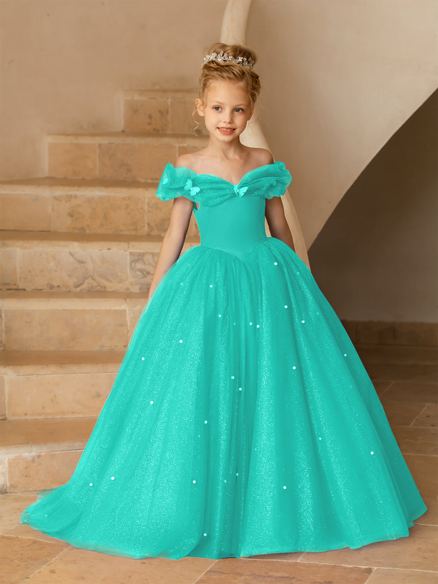 Off-the-Shoulder Tulle Flower Girl Dresses with Pearls