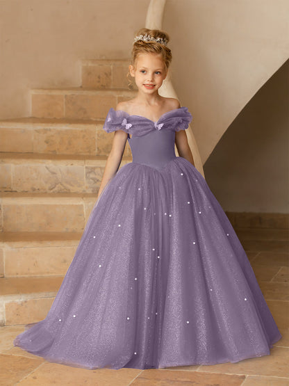 Off-the-Shoulder Tulle Flower Girl Dresses with Pearls