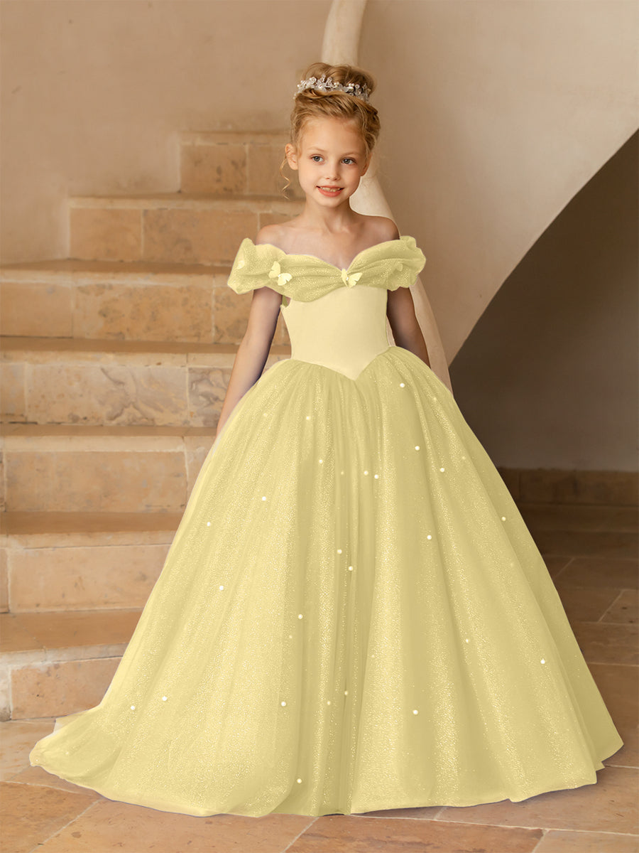 Off-the-Shoulder Tulle Flower Girl Dresses with Pearls