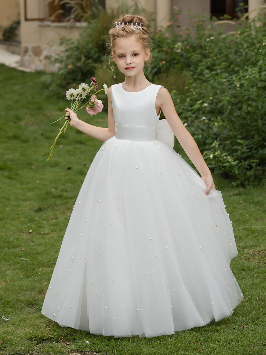 Crew Neck Tulle Flower Girl Dresses with Pearls & Satin Bowknot