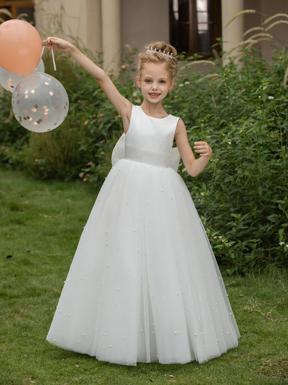 Crew Neck Tulle Flower Girl Dresses with Pearls & Satin Bowknot