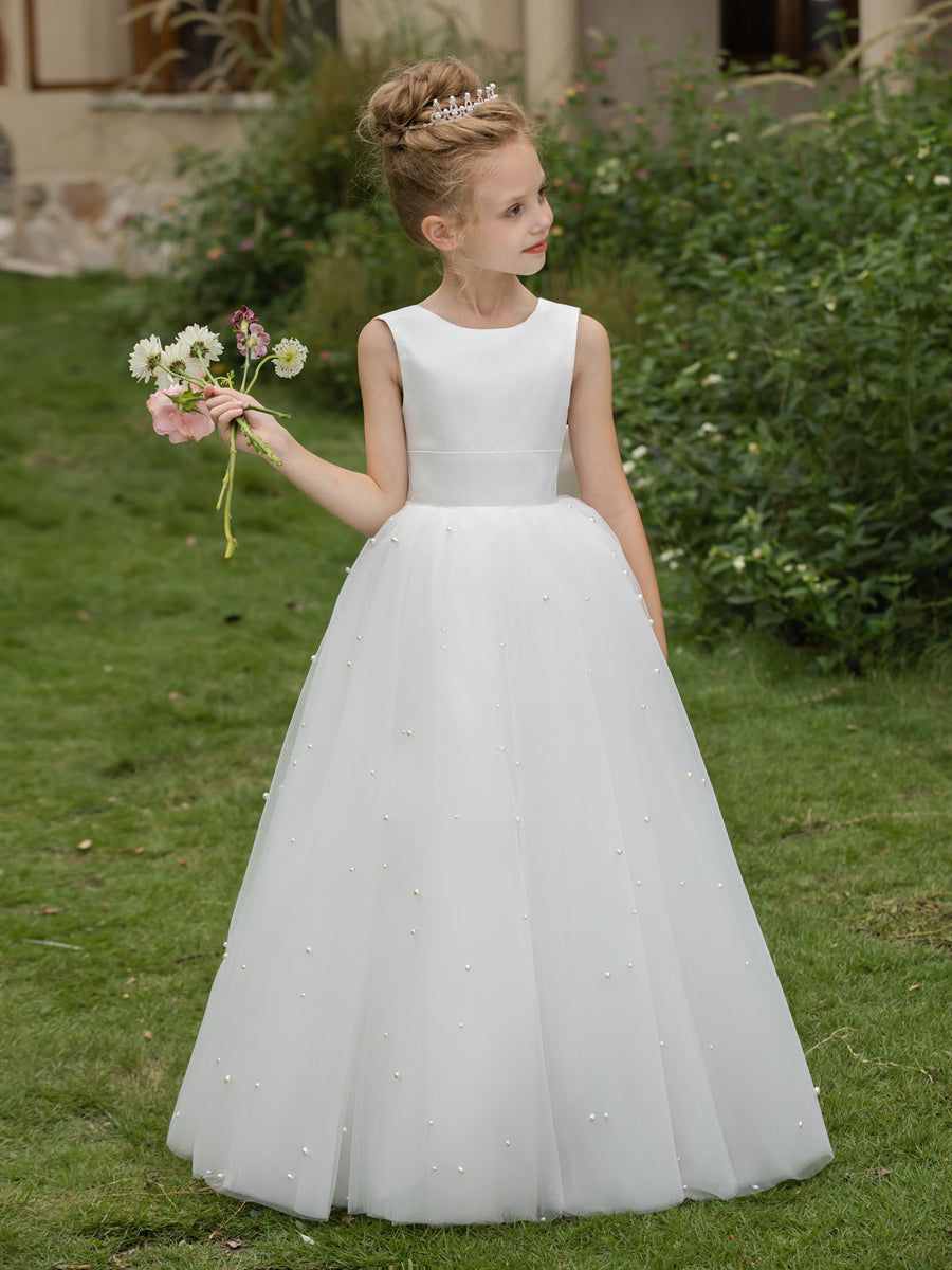 Crew Neck Tulle Flower Girl Dresses with Pearls & Satin Bowknot