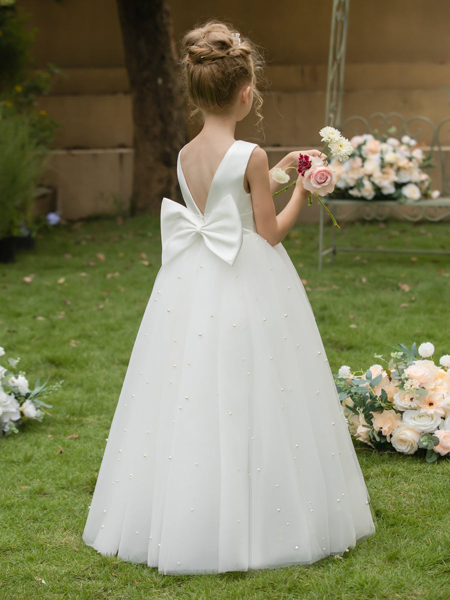 Crew Neck Tulle Flower Girl Dresses with Pearls & Satin Bowknot