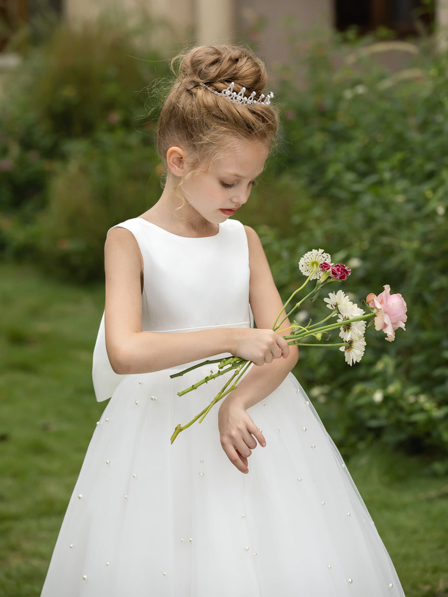 Crew Neck Tulle Flower Girl Dresses with Pearls & Satin Bowknot