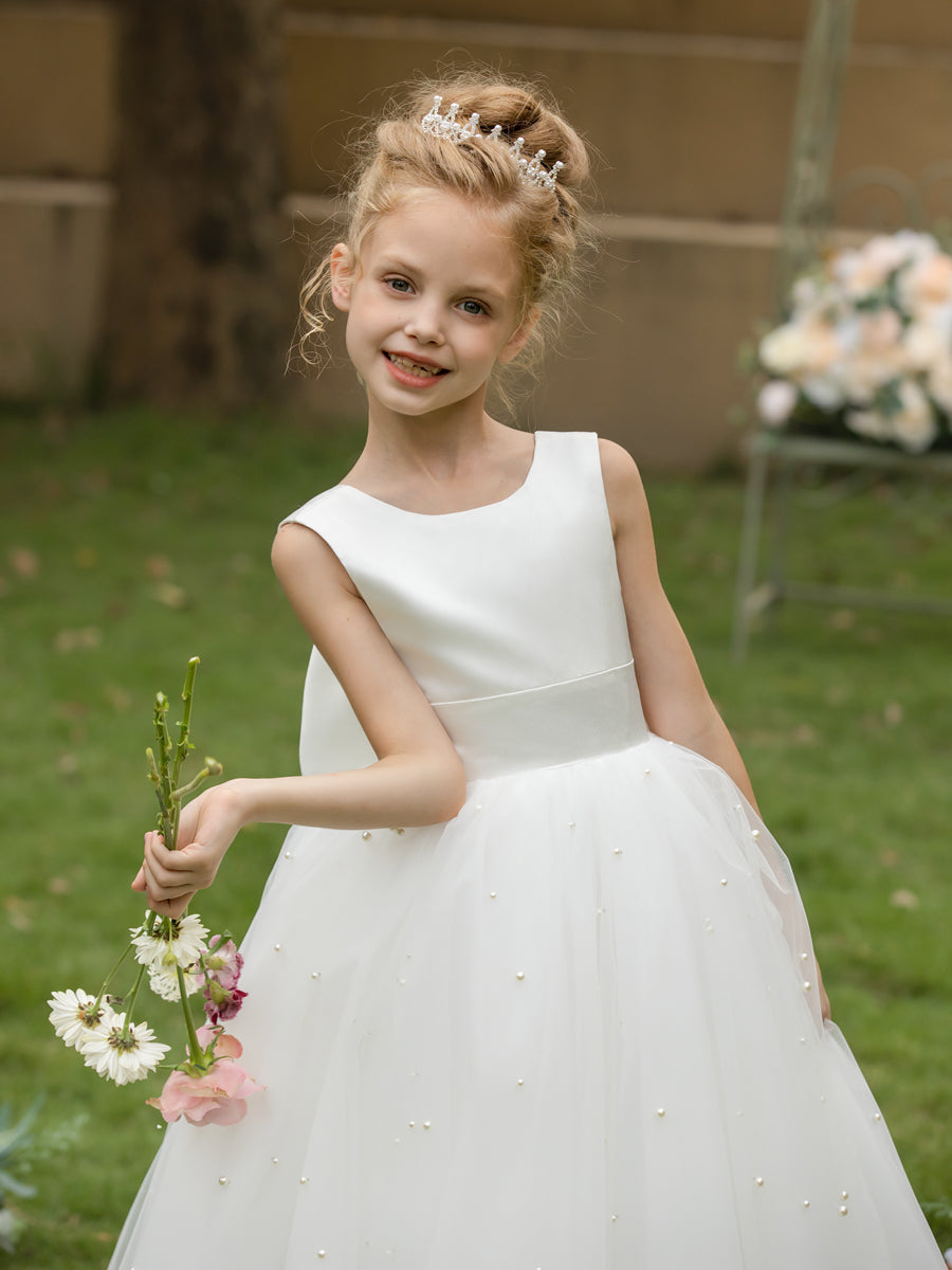 Crew Neck Tulle Flower Girl Dresses with Pearls & Satin Bowknot