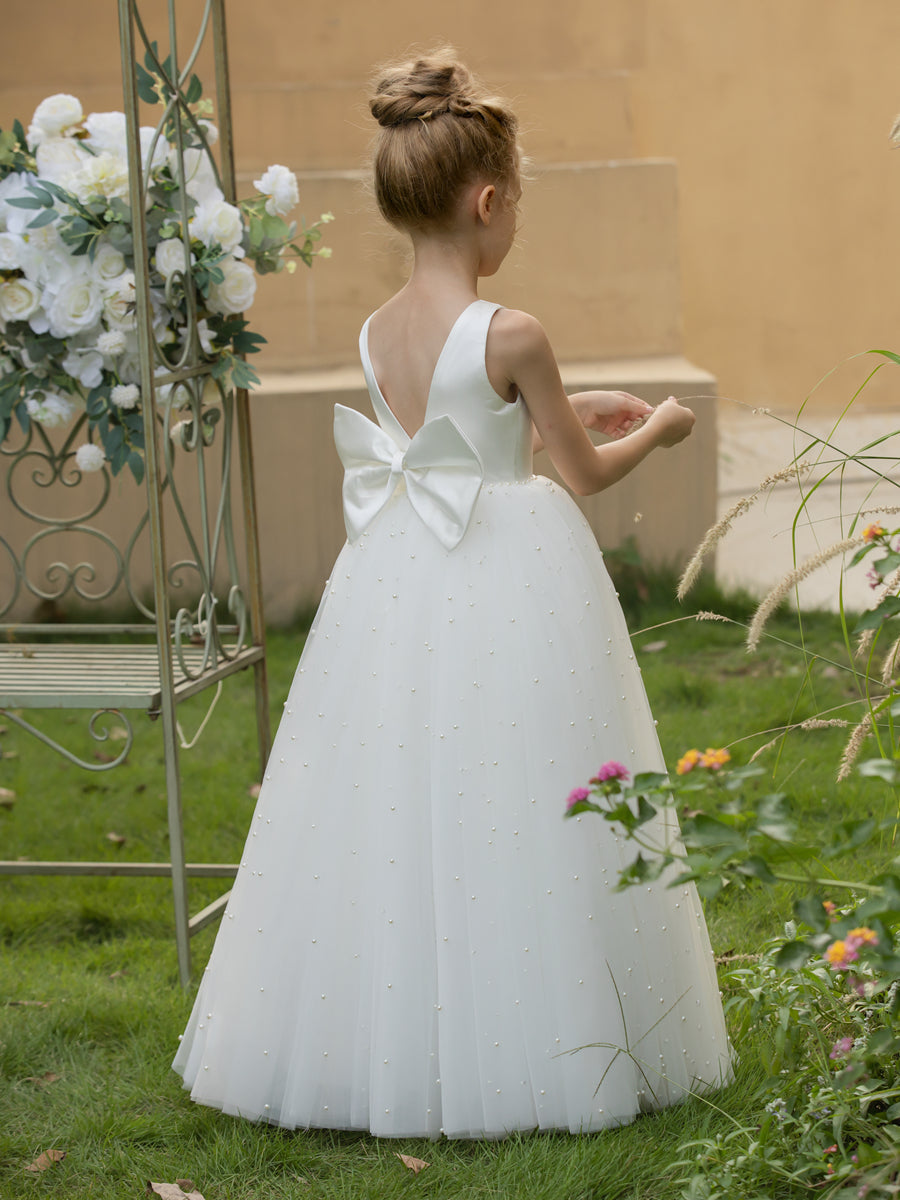 V-Neck Tulle Flower Girl Dresses with Pearls & Satin Bowknot