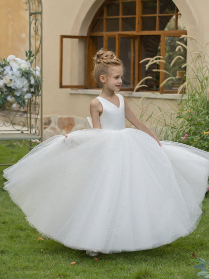 V-Neck Tulle Flower Girl Dresses with Pearls & Satin Bowknot