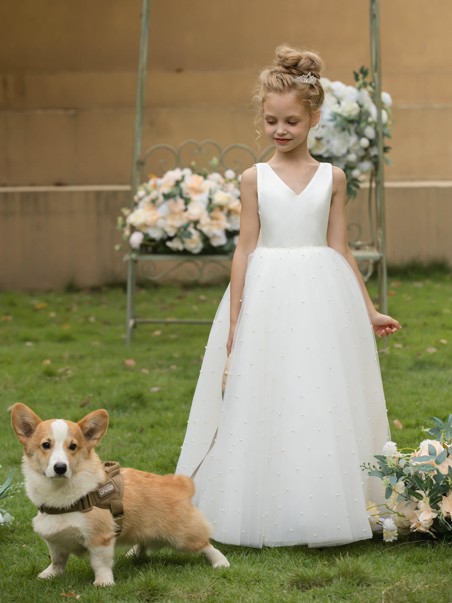 V-Neck Tulle Flower Girl Dresses with Pearls & Satin Bowknot