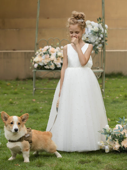 V-Neck Tulle Flower Girl Dresses with Pearls & Satin Bowknot