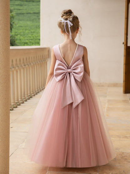 Crew Neck Tulle Flower Girl Dresses with Pearls & Satin Bowknot