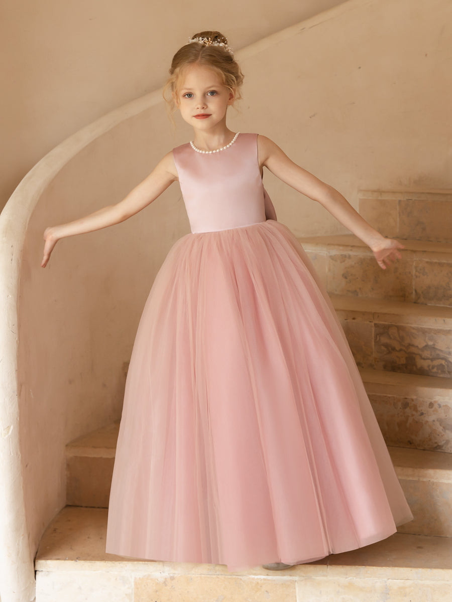 Crew Neck Tulle Flower Girl Dresses with Pearls & Satin Bowknot