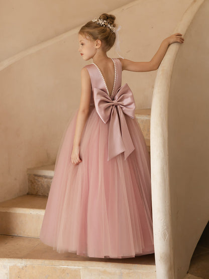 Crew Neck Tulle Flower Girl Dresses with Pearls & Satin Bowknot