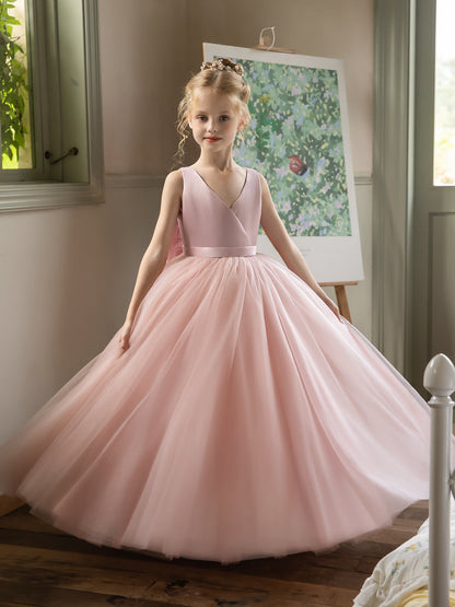 V-Neck Sleeveless Tulle Flower Girl Dresses with Satin Bowknot