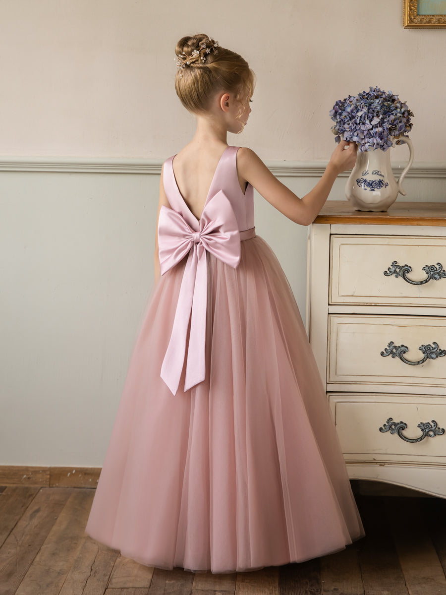 V-Neck Sleeveless Tulle Flower Girl Dresses with Satin Bowknot