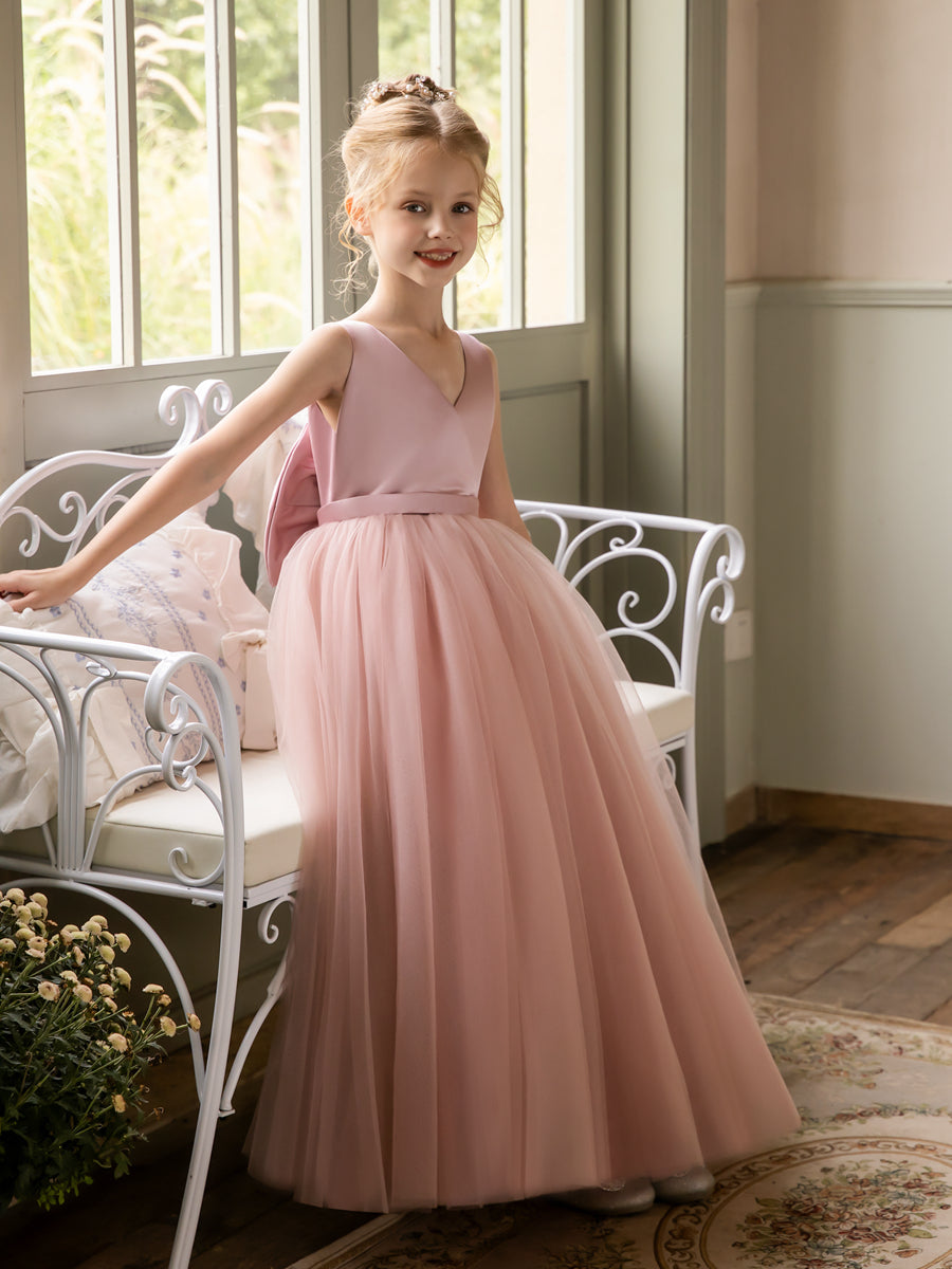 V-Neck Sleeveless Tulle Flower Girl Dresses with Satin Bowknot