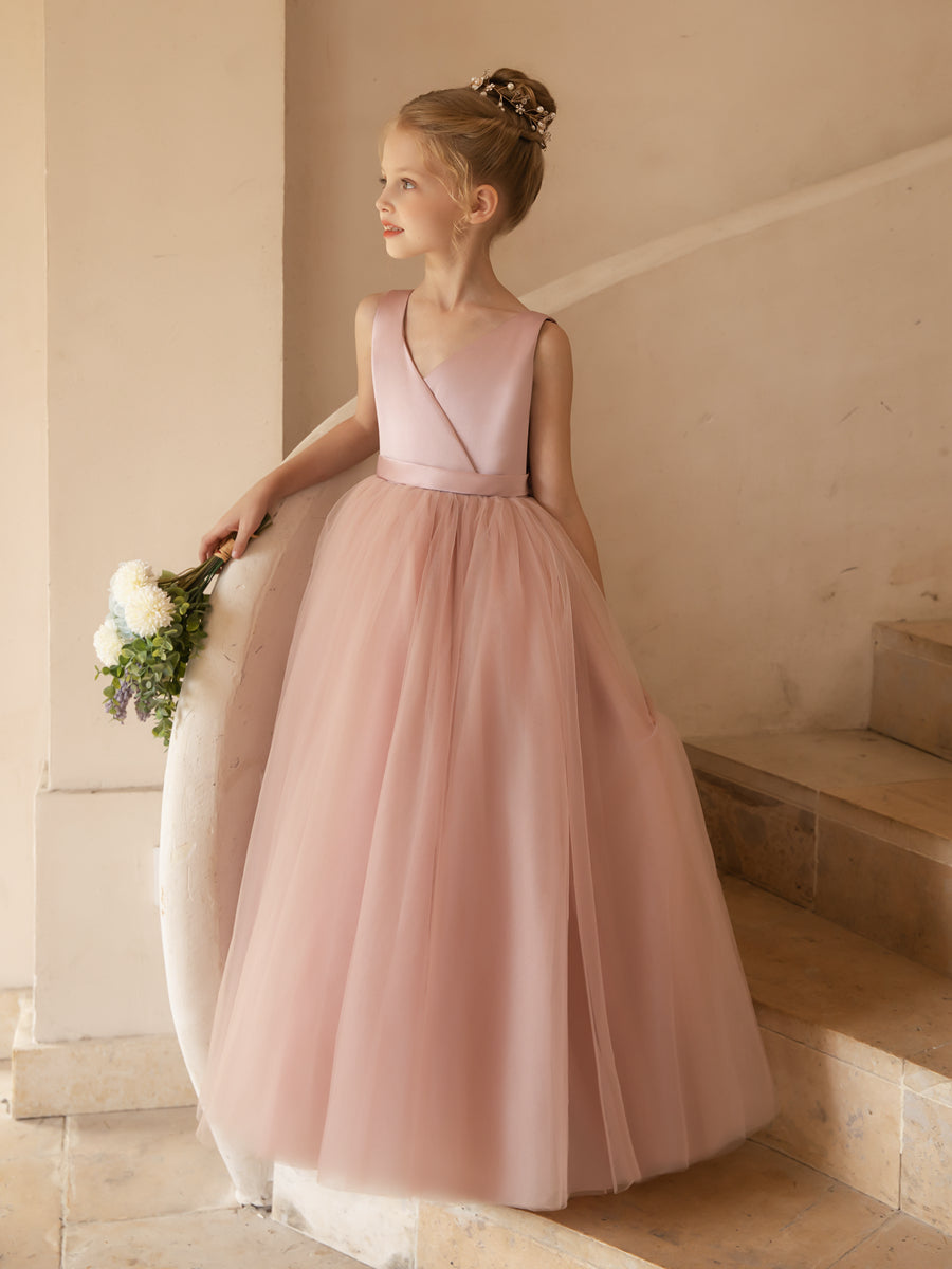 V-Neck Sleeveless Tulle Flower Girl Dresses with Satin Bowknot