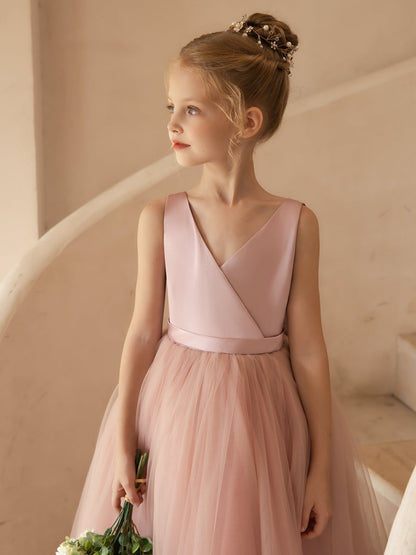 V-Neck Sleeveless Tulle Flower Girl Dresses with Satin Bowknot