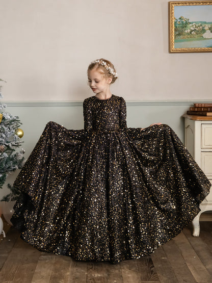 Crew Neck Velvet Sequins Long Sleeves Flower Girl Dresses