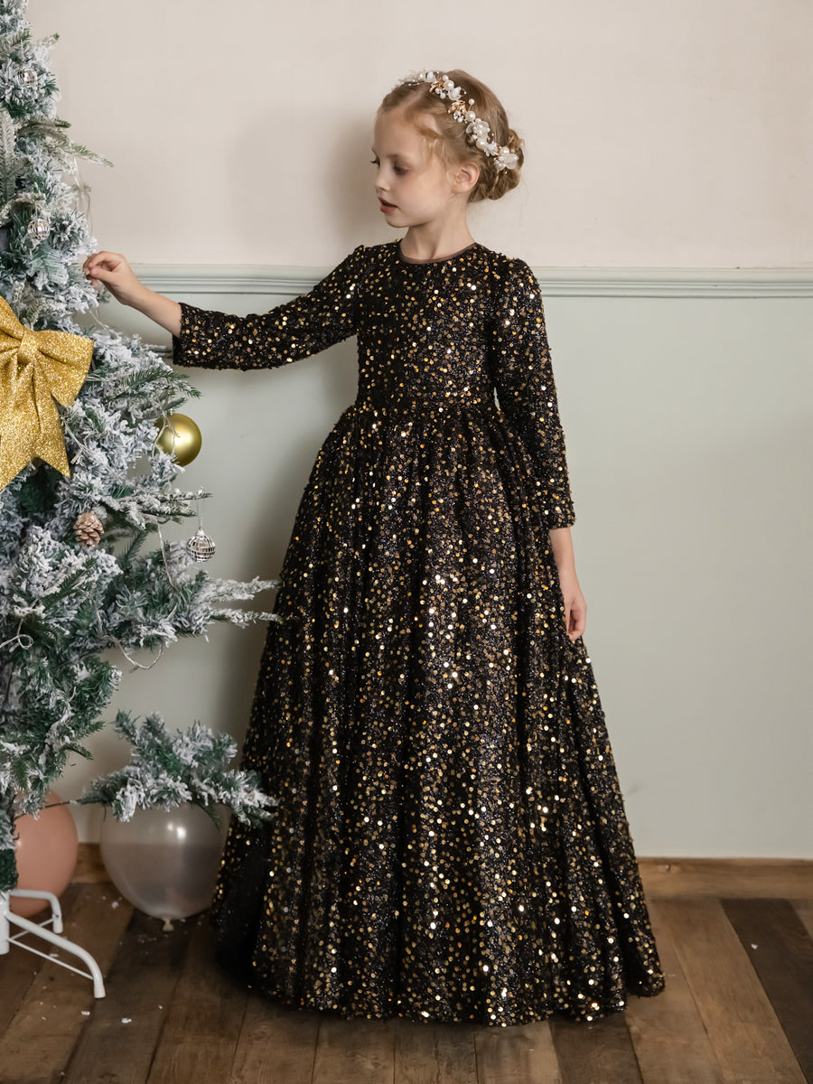 Crew Neck Velvet Sequins Long Sleeves Flower Girl Dresses