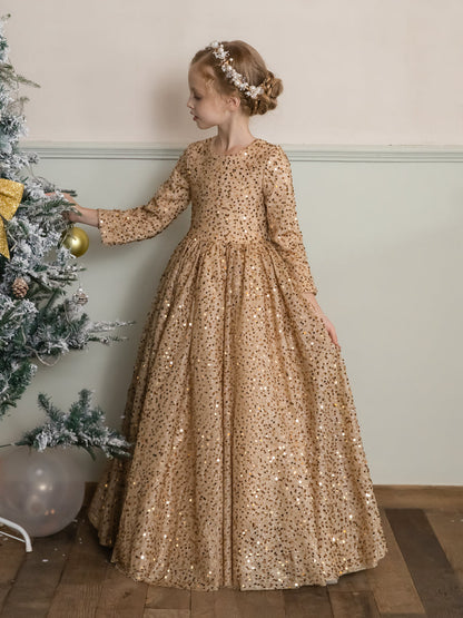 Crew Neck Velvet Sequins Long Sleeves Flower Girl Dresses