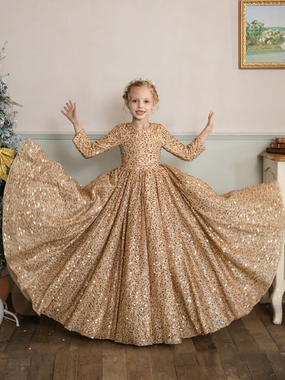 Crew Neck Velvet Sequins Long Sleeves Flower Girl Dresses