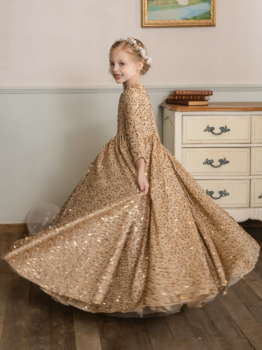 Crew Neck Velvet Sequins Long Sleeves Flower Girl Dresses