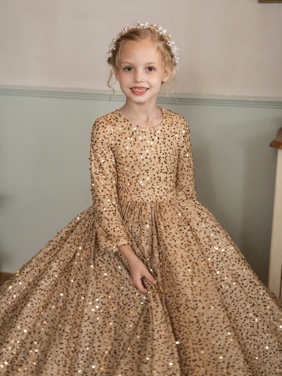 Crew Neck Velvet Sequins Long Sleeves Flower Girl Dresses