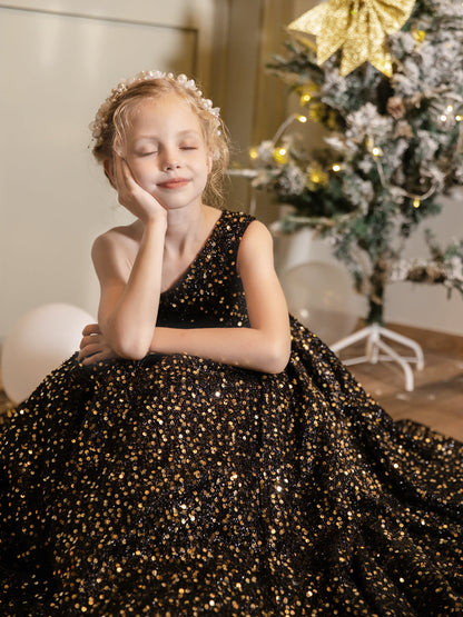 One-Shoulder Velvet Sequins Sleeveless Flower Girl Dresses