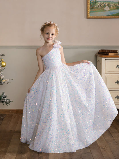 One-Shoulder Velvet Sequins Sleeveless Flower Girl Dresses with Bowknot