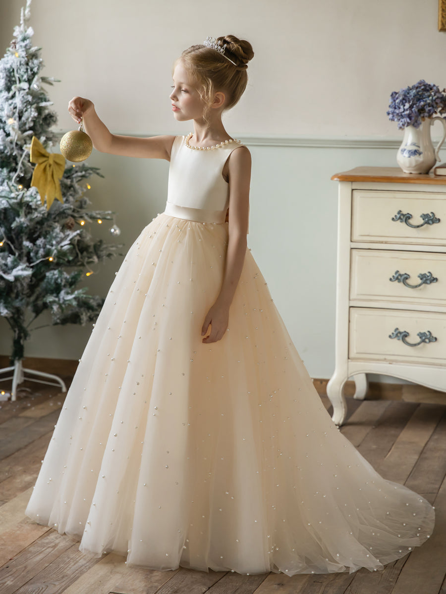 Crew Neck Tulle Flower Girl Dresses with Pearls & Satin Bowknot