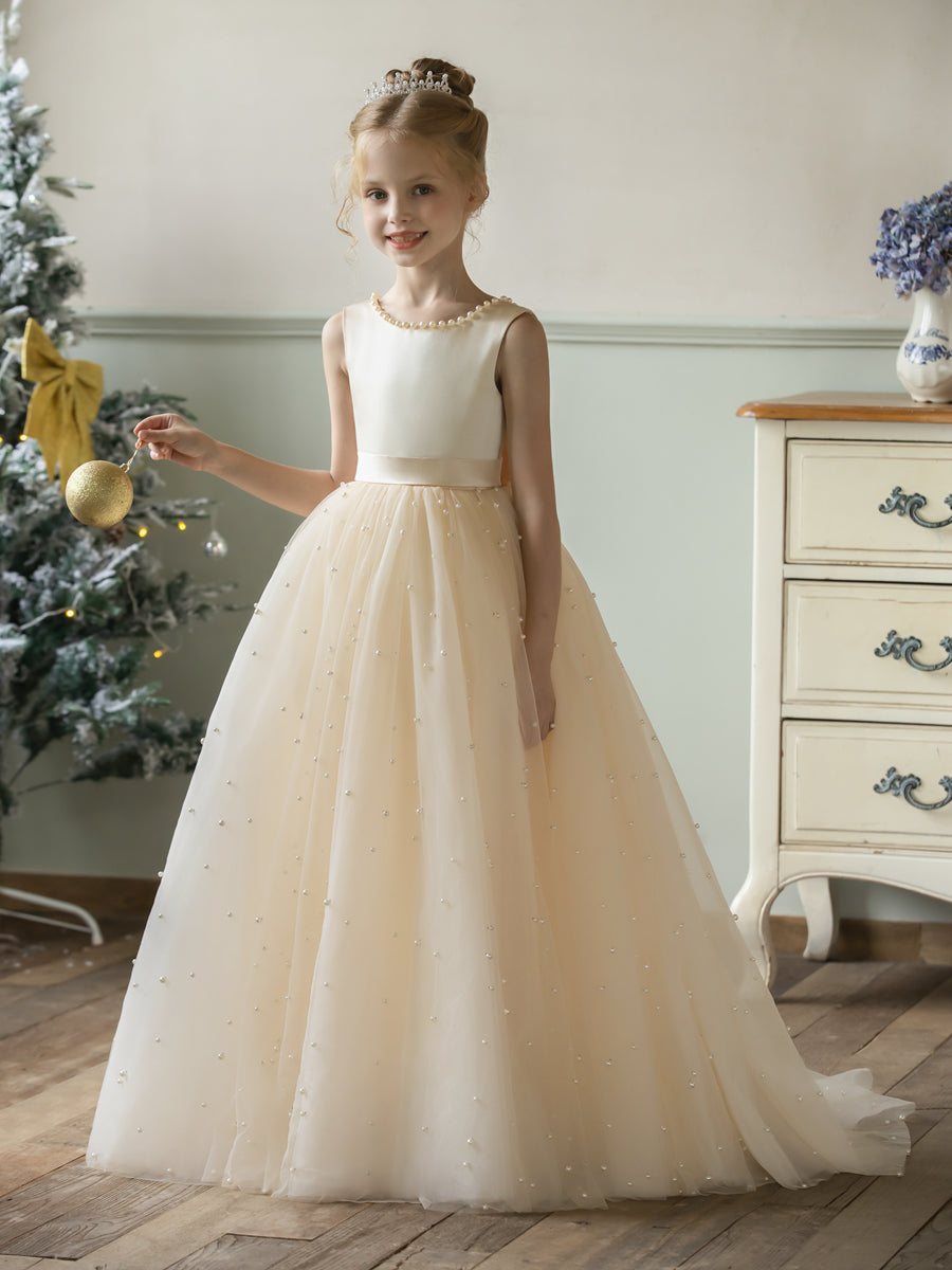 Crew Neck Tulle Flower Girl Dresses with Pearls & Satin Bowknot