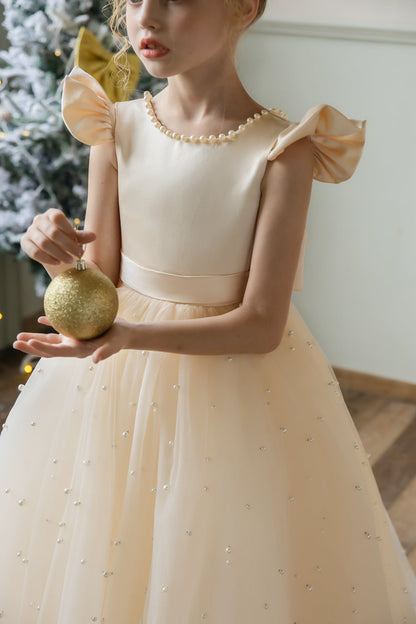 Crew Neck Tulle Flower Girl Dresses with Pearls & Satin Bowknot